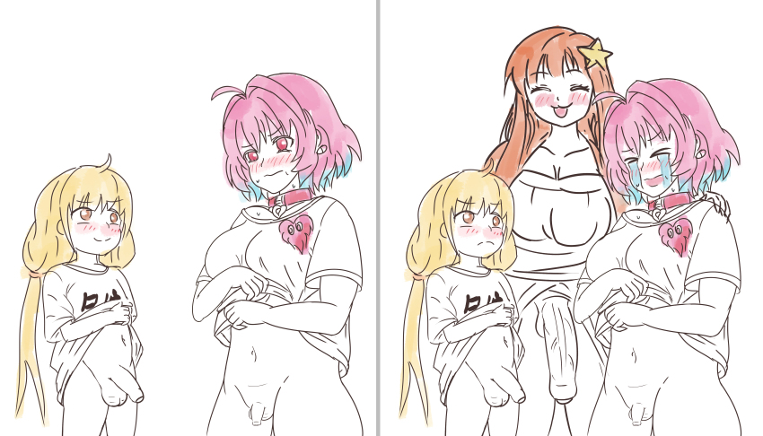 3futa absurdres blonde_hair breasts choker comic doodle flat_chest flatculture futaba_anzu futanari highres huge_penis idolmaster idolmaster_cinderella_girls large_breasts medium_breasts moroboshi_kirari multiple_futa orange_hair penis penis_envy penis_size_difference pink_hair size_comparison size_difference sketch small_penis yumemi_riamu