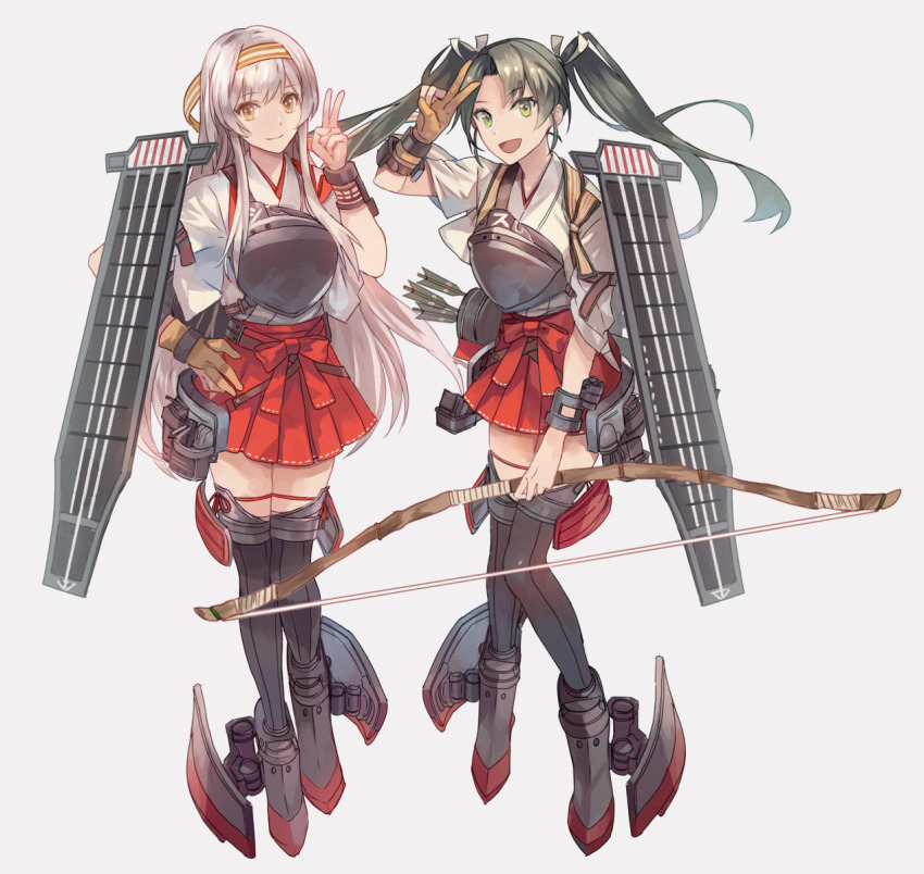 2girls bow_(weapon) brown_gloves dark_green_hair flight_deck full_body gloves green_eyes grey_legwear hairband hakama hakama_short_skirt hakama_skirt headband highres japanese_clothes kantai_collection kasumi_(skchkko) long_hair looking_at_viewer machinery multiple_girls muneate partially_fingerless_gloves partly_fingerless_gloves quiver red_headband shoukaku_(kancolle) single_glove skirt tasuki thighhighs twintails weapon white_hair yugake yumi_(bow) zuikaku_(kancolle) zuikaku_kai_ni_(kancolle)