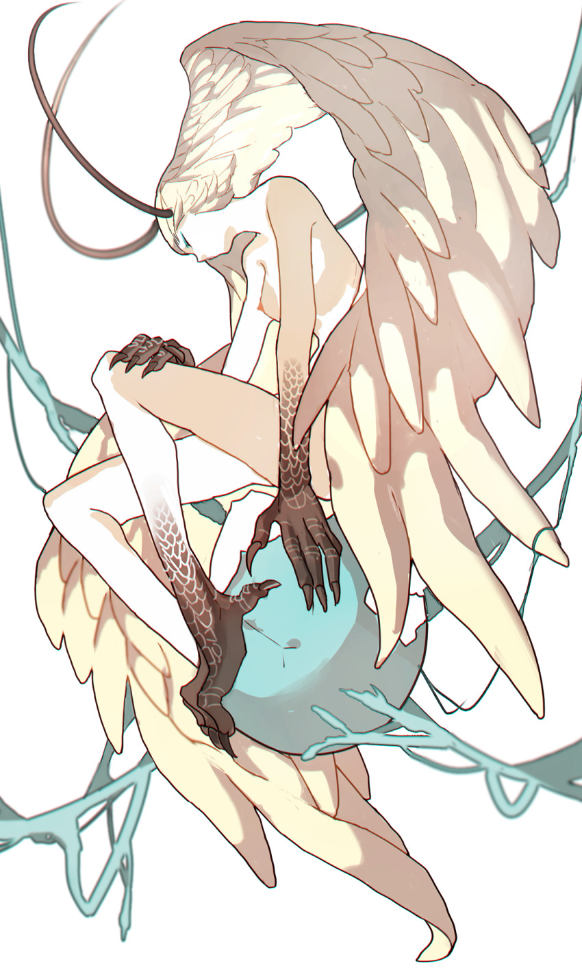 1girl antennae breasts cibokilly claws closed_eyes completely_nude devilman eyeliner eyeshadow facing_down feather_hair feathered_wings from_side full_body hand_on_own_thigh harpy head_wings highres knees_up large_head_wings makeup monster_girl nipples nude orb profile scales simple_background siren_(devilman) sitting small_breasts solo talons white_background wings