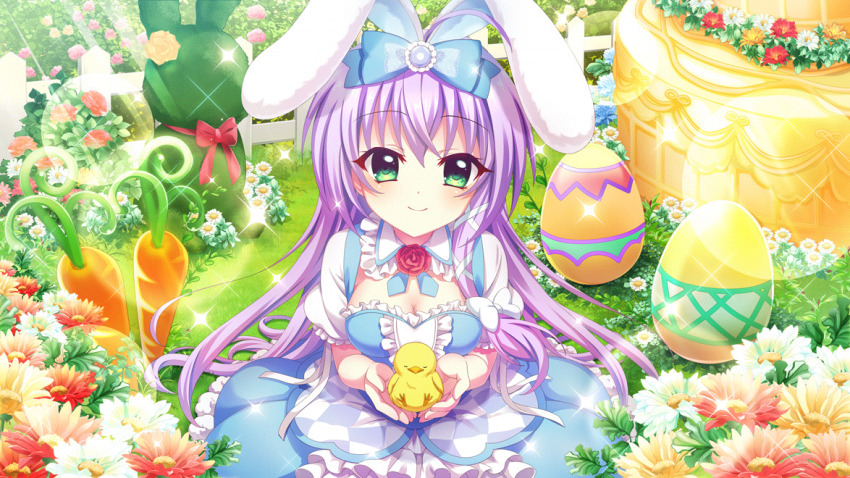 1girl animal animal_ears bird blue_bow blue_dress bow breasts carrot chick cleavage cleavage_cutout closed_mouth clothing_cutout day dot_nose dress easter easter_egg egg fake_animal_ears fence film_grain flower game_cg grass green_eyes hair_bow hair_ribbon hedge hokaze_kanade holding holding_animal izumi_tsubasu large_bow large_breasts lens_flare long_hair looking_at_viewer non-web_source official_art on_ground outdoors purple_hair rabbit_ears re:stage! red_bow red_flower red_rose ribbon rose smile solo sparkle sunlight topiary white_bow white_fence white_flower white_ribbon wooden_fence yellow_flower yellow_rose