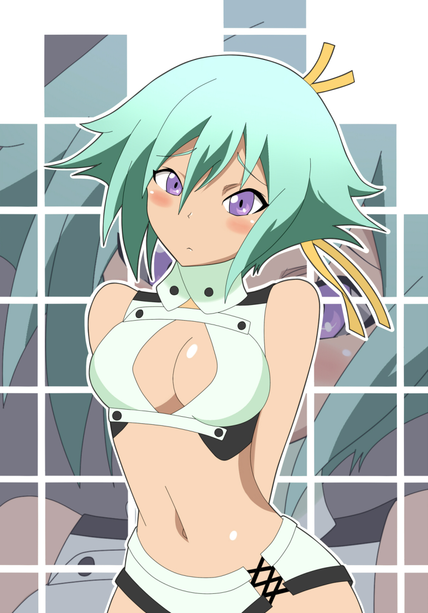 10s 1girl aquarion_(series) aquarion_evol arms_behind_back blush breasts cleavage_cutout clothing_cutout green_hair highres navel purple_eyes short_hair zessica_wong