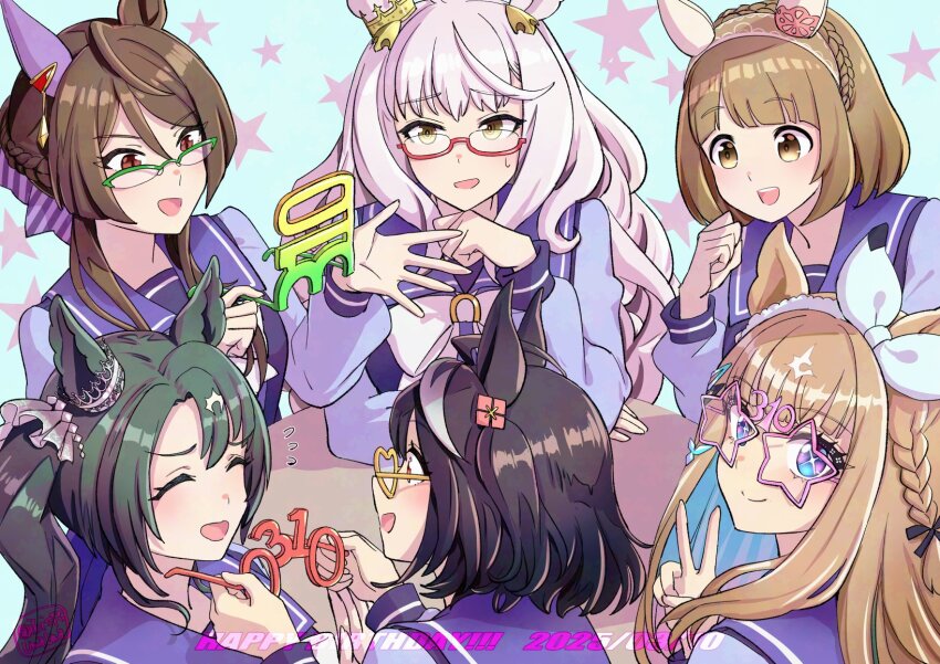 +_+ 6+girls almond_eye_(umamusume) animal_ears birthday_connection biwa_hayahide_(umamusume) black_hair blue_eyes bow bowtie braid brown_hair closed_eyes crown_braid dated earrings elbow_rest flying_sweatdrops glasses grey_hair hairband hand_up happy_birthday heart heart-shaped_eyewear hi_(ibisf5umauma) highres holding holding_removed_eyewear horse_ears jewelry kitasan_black_(umamusume) long_sleeves looking_at_viewer multicolored_hair multiple_girls novelty_glasses open_mouth purple_shirt red_eyes revision royce_and_royce_(umamusume) satono_crown_(umamusume) school_uniform semi-rimless_eyewear shirt short_hair side_ponytail star-shaped_eyewear star_(symbol) streaked_hair sweatdrop table tracen_school_uniform twitter_username umamusume unworn_eyewear upper_body v watermark yukino_bijin_(umamusume)