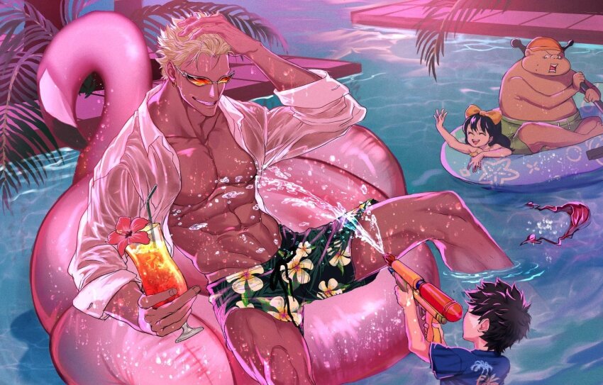 1girl 3boys aged_down baby_5 black_hair blonde_hair blue_innertube blue_shirt bow buffalo_(one_piece) child closed_eyes cocktail_glass cup donquixote_doflamingo drinking_glass floral_print green_male_underwear hair_bow hand_on_own_head holding holding_water_gun long_hair looking_at_another male_underwear multiple_boys muscular muscular_male omegatama2 on_innertube one_piece open_clothes open_shirt palm_tree pink_innertube pool rowing shirt short_hair smile sunglasses tan toned toned_male trafalgar_law tree underwear water_gun wet wet_clothes white_shirt yellow_bow