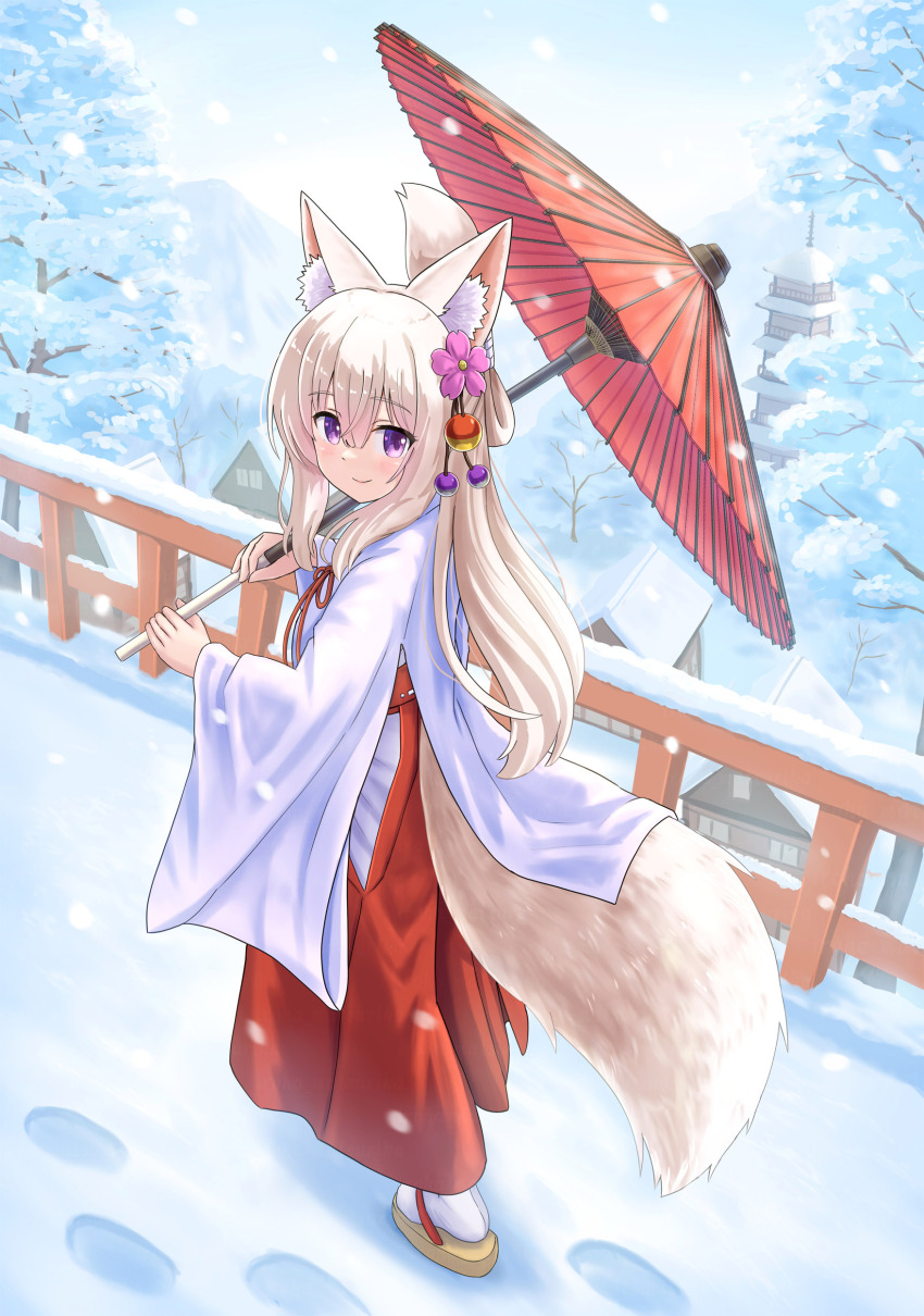 1girl absurdres animal_ear_fluff animal_ears blue_sky brown_footwear brown_hair building closed_mouth commentary_request day flower folded_ponytail footprints fox_ears fox_girl fox_tail hair_flower hair_ornament hakama hakama_skirt highres holding holding_umbrella iroha_(iroha_matsurika) japanese_clothes kimono koyoi_(iroha_(iroha_matsurika)) long_hair long_sleeves looking_at_viewer looking_back miko oil-paper_umbrella original outdoors purple_flower railing red_hakama red_umbrella sandals skirt sky smile snow snowing socks solo tabi tail umbrella very_long_hair white_kimono white_socks wide_sleeves zouri