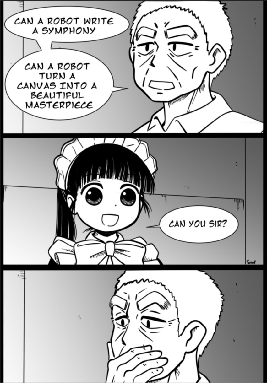 1boy 1girl 3koma black_hair comic english_text grey_hair highres i_robot maid neck_ribbon old old_man open_mouth ponko_(ponkotsu_ponko) ponkotsu_ponko ponytail ribbon robot_girl simple_background the_sourkraut