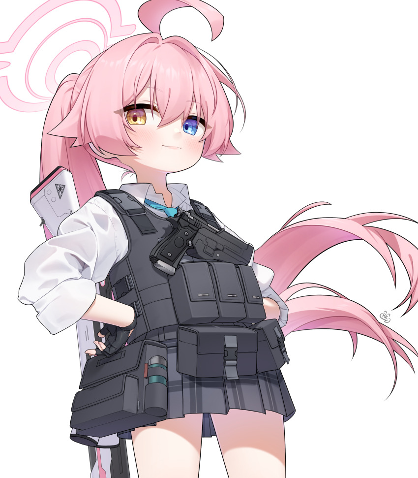 1girl absurdres ahoge beretta_1301 black_gloves blue_archive blue_eyes blue_necktie bulletproof_vest fingerless_gloves gloves grey_skirt gun halo heterochromia highres hoshino_(armed)_(blue_archive) long_hair necktie pink_hair pink_halo rubykong shirt shotgun simple_background skirt solo weapon white_background white_shirt yellow_eyes