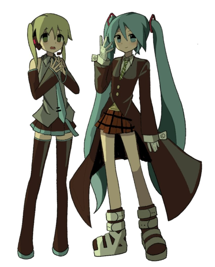 2girls aqua_eyes aqua_hair aqua_necktie bare_shoulders black_coat black_skirt black_sleeves blonde_hair boots coat collared_shirt cosplay costume_switch detached_sleeves gloves green_eyes green_necktie grey_shirt hair_between_eyes hand_up hands_up hatsune_miku headset highres long_hair long_sleeves looking_at_viewer maka_albarn multiple_girls necktie plaid_clothes plaid_skirt pleated_skirt poopoopoppopoo red_skirt shirt skirt sleeveless sleeveless_shirt soul_eater thigh_boots twintails very_long_hair vocaloid white_background white_gloves