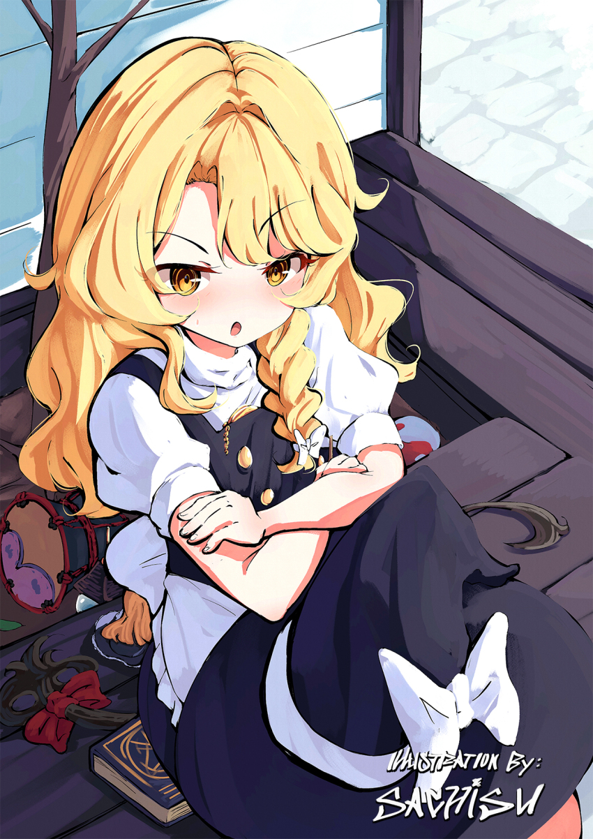 apron black_apron black_skirt blonde_hair book braid drum hat highres instrument kirisame_marisa long_hair looking_at_viewer orb pocket_watch sachisudesu shirt short_sleeves side_braid sitting skirt thief touhou watch white_shirt witch_hat yellow_eyes yin_yang yin_yang_orb