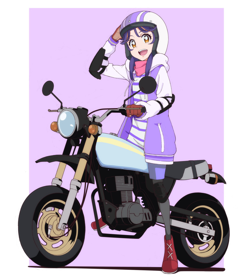 :d brown_eyes cosplay elbow_pads gloves helmet highres honda_ape hood hoodie kayabakoro knee_pads motor_vehicle motorcycle motorcycle_helmet open_mouth precure purple_hair scooter simple_background smile suzumura_sango toki_ayano toki_ayano_(cosplay) tropical-rouge!_precure yurucamp