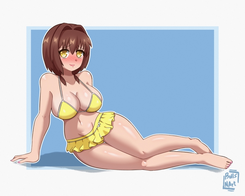 1girl absolute_duo absurdres bikini blush breasts brown_hair bullsnart cleavage highres hotaka_miyabi large_breasts medium_hair smile solo swimsuit thighs watermark yellow_eyes