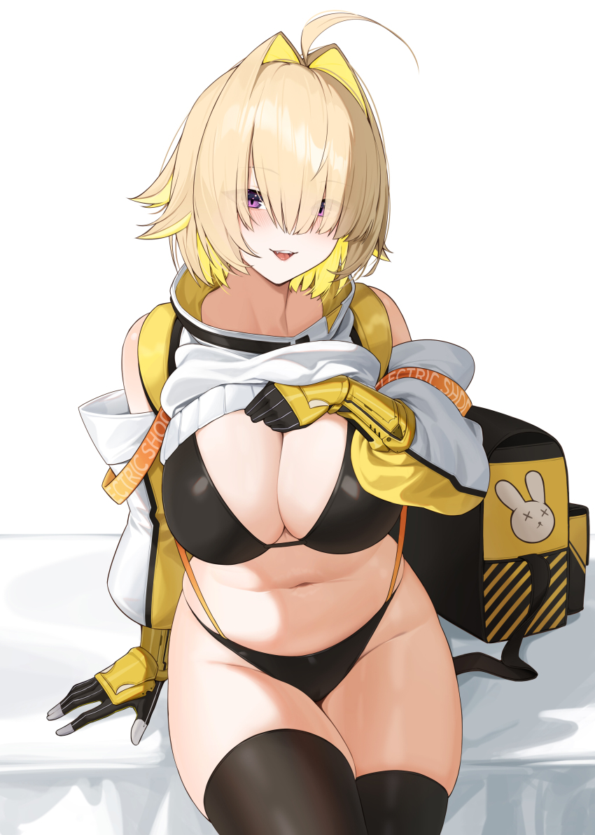 1girl absurdres ahoge backpack bag bikini bikini_under_clothes black_bikini black_thighhighs blonde_hair breasts clothes_lift curvy elegg_(nikke) eyes_visible_through_hair gloves goddess_of_victory:_nikke gohan_oni hair_intakes hair_over_eyes highres large_breasts lifting_own_clothes looking_at_viewer plump purple_eyes short_hair sitting solo sweater sweater_lift swimsuit thighhighs thighs unworn_backpack unworn_bag white_background