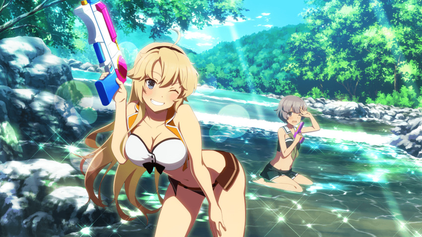 2girls adapted_costume ahoge bare_shoulders bikini black_hairband blonde_hair blue_eyes boulder breasts cleavage collarbone day game_cg grey_eyes grey_hair hairband heijou_institute_school_uniform holding holding_water_gun iwakura_sanae kohagura_ellen large_breasts leaning long_hair looking_at_viewer multiple_girls navel non-web_source official_art one_eye_closed open_mouth osafune_girls_academy_school_uniform outdoors river school_uniform sitting smile swimsuit toji_no_miko toji_no_miko:_kizamishi_issen_no_tomoshibi tree wariza water water_gun