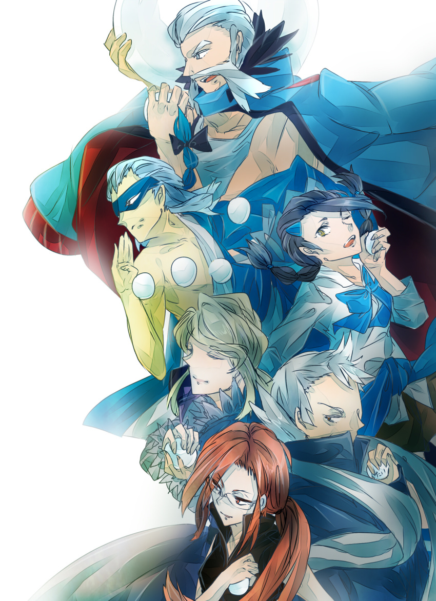 3boys 3girls bare_arms bare_shoulders black_hair blue_eyes braid brown_eyes brown_hair brycen_(pokemon) candice_(pokemon) cape closed_eyes coat creatures_(company) elite_four facial_hair game_freak glasses gym_leader highres holding japanese_clothes kimono long_hair lorelei_(pokemon) miniskirt multiple_boys multiple_girls mustache nintendo open_mouth pokemon pokemon_bw pokemon_dppt pokemon_frlg pokemon_hgss pokemon_rse ponytail pryce_(pokemon) red_eyes ribbon scarf skirt sleeveless smile snow snowball tagme white_hair wulfric_(pokemon)