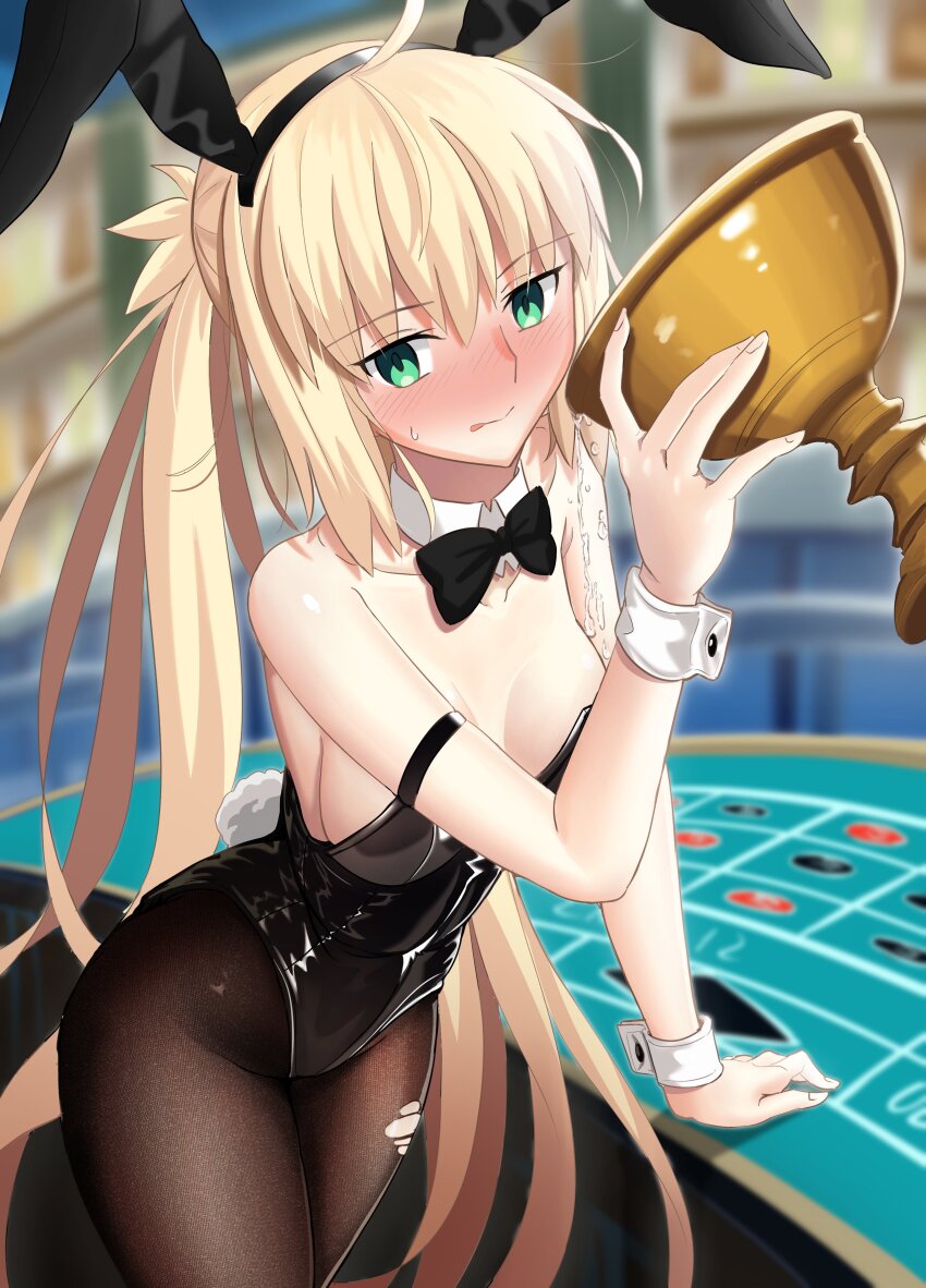 1girl :p absurdres alcohol alternate_costume animal_ears artoria_caster_(fate) artoria_caster_(swimsuit)_(fate) artoria_pendragon_(fate) bare_shoulders black_leotard black_pantyhose blonde_hair blurry blurry_background blush bow bowtie breasts cleavage commentary depth_of_field detached_collar drunk english_commentary fake_animal_ears fake_tail fate/grand_order fate_(series) green_eyes highres holy_grail_(fate) leotard long_hair longdq3008 looking_at_viewer pantyhose playboy_bunny rabbit_ears roulette_table small_breasts solo spilling strapless strapless_leotard table tail tongue tongue_out torn_clothes torn_pantyhose twintails