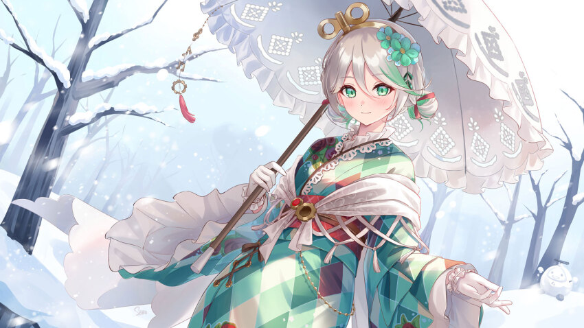 1girl argyle_clothes argyle_kimono bare_tree cecilia_immergreen cecilia_immergreen_(new_year) clockwork collar commentary cowboy_shot double-parted_bangs double_bun frilled_collar frilled_kimono frilled_sleeves frilled_wrist_cuffs frills furisode gears gears_print gloves green_eyes green_kimono green_streaks grey_hair hair_bun hair_ornament highres holding holding_umbrella hololive hololive_english japanese_clothes kanzashi kimono layered_kimono light_blush long_bangs looking_at_viewer multicolored_clothes multicolored_hair multicolored_kimono obi obijime official_alternate_costume otomo_(cecilia_immergreen) outdoors parasol sash sebu_illust shawl short_hair snow snowing solo streaked_hair tree tsumami_kanzashi umbrella virtual_youtuber white_gloves white_shawl winding_key winter wrist_cuffs