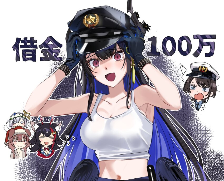 5girls :&lt; :3 =_= ^^^ amane_kanata animal_ear_fluff animal_ears asymmetrical_horns black_gloves black_hair black_hat black_horns black_wings blue_eyes bracelet breasts brown_eyes brown_hair cleavage colored_inner_hair commentary crop_top demon_horns dog_ears dog_girl flying_sweatdrops gloves grand_theft_auto grand_theft_auto_v hair_ornament half-closed_eyes hands_on_own_head hat highres hololive hololive_english horns inugami_korone jewelry large_breasts long_hair low_wings multicolored_hair multiple_girls navel nerissa_ravencroft o_o ookami_mio oozora_subaru oozora_subaru_(8th_costume) open_mouth peaked_cap police red_eyes red_hair santa_hat solo_focus spiked_bracelet spikes streaked_hair symbol-only_commentary tassel tassel_hair_ornament tearing_up translation_request two-tone_hair uneven_horns upper_body very_long_hair virtual_youtuber white_hat wings wolf_ears wolf_girl yomosaka