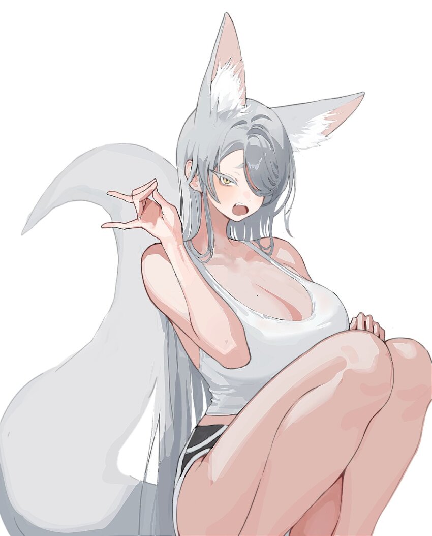 1girl animal_ear_fluff animal_ears black_shorts blush breasts cleavage commentary fox_ears fox_girl fox_shadow_puppet fox_tail grey_hair hair_over_one_eye heart highres large_breasts long_hair looking_at_viewer mole mole_on_breast oh_(aung_ae) open_mouth original revision short_shorts shorts simple_background solo tail tank_top very_long_hair white_background white_tank_top yellow_eyes