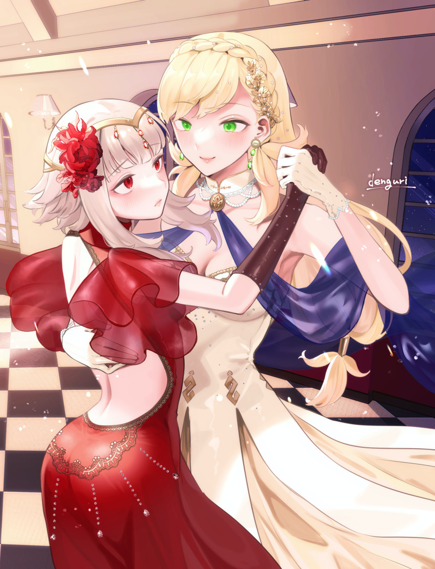 2girls absurdres alternate_costume armpits ass back ballroom bare_back blonde_hair breasts circlet cleavage commission dancing dress earrings elbow_gloves fire_emblem fire_emblem_heroes flower gloves green_eyes grey_hair hair_flower hair_ornament half_gloves hand_on_another&#039;s_back highres holding_hands jewelry light_particles lipstick long_hair looking_at_another makeup multiple_girls nintendo official_alternate_hairstyle red_dress red_eyes sakuramotikun second-party_source sharena_(fire_emblem) shawl short_hair short_hair_with_long_locks signature skeb_commission tareme veronica_(fire_emblem) veronica_(princess_rising)_(fire_emblem)