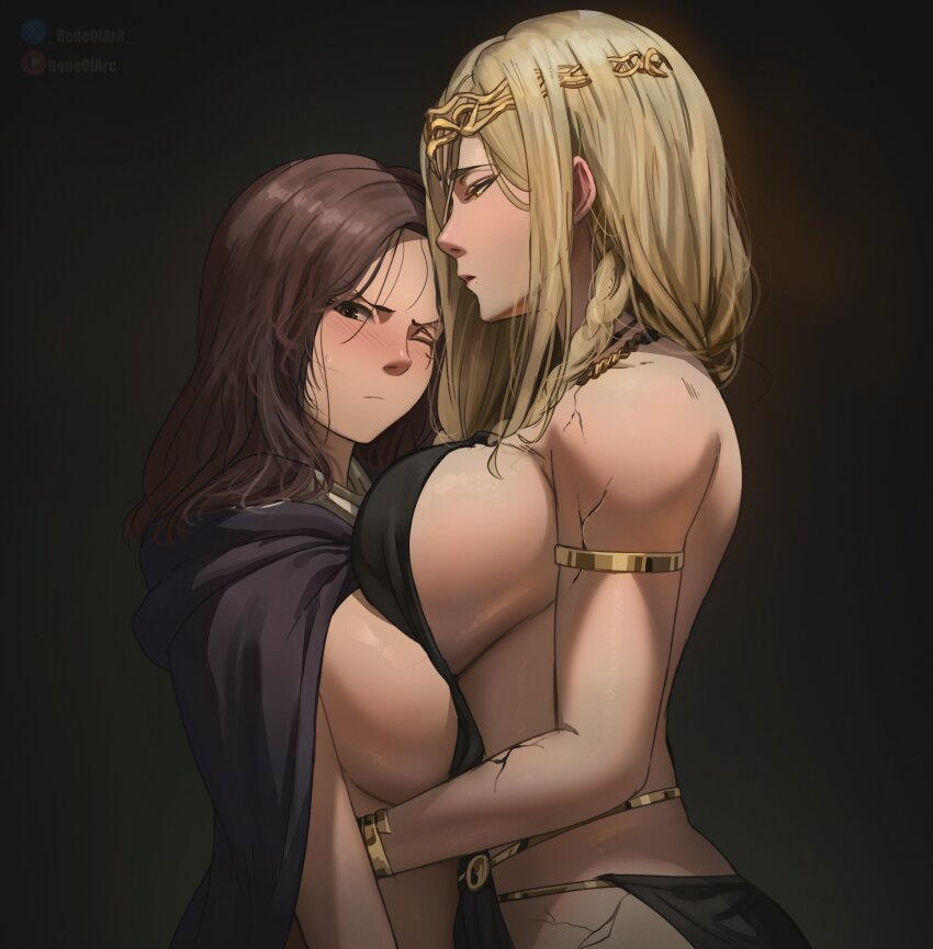 2girls absurdres armlet asymmetrical_docking black_background black_dress blonde_hair bone_of_arc breast_press breasts brown_eyes brown_hair circlet cloak commentary cracked_skin dress elden_ring english_commentary highres hood hood_down hooded_cloak jewelry large_breasts long_hair looking_at_viewer medium_hair melina_(elden_ring) mother_and_daughter multiple_girls one-eyed one_eye_closed patreon_username queen_marika_the_eternal sideboob twitter_username yellow_eyes