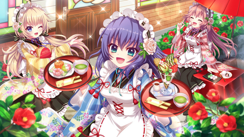 3girls :d ;d ahoge alternate_costume apron aqua_eyes arm_support black_skirt blue_eyes blue_hair blue_kimono blurry blurry_foreground breasts brick_wall chopsticks closed_eyes dango door dot_nose eating enmaided film_grain flower flower_hairband food food_request frilled_apron frills fruit game_cg green_tea haeno_akari holding holding_menu holding_tray honjou_kasumi itsumura_haruka izumi_tsubasu japanese_clothes kimono lens_flare light_brown_hair long_hair looking_at_viewer low_twintails maid maid_headdress medium_breasts medium_hair menu multiple_girls non-web_source official_art oil-paper_umbrella one_eye_closed open_mouth orange_hair print_kimono re:stage! red_flower red_kimono red_umbrella rose sanshoku_dango sitting skirt smile sparkle stained_glass strawberry tea tray twintails umbrella wa_maid wagashi white_apron white_flower white_rose yellow_kimono