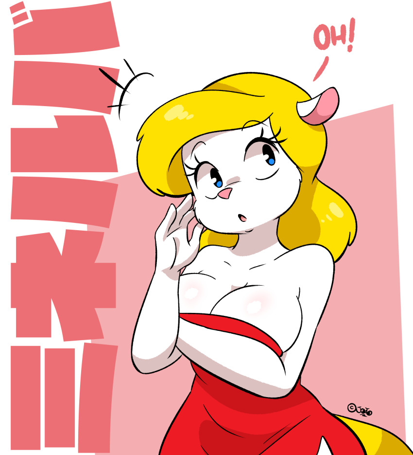 1girl animaniacs bare_arms bare_shoulders blonde_hair blue_eyes breasts character_name cleavage dress facing_viewer highres joao_pereira long_hair looking_away looking_to_the_side looking_up medium_breasts minerva_mink pink_background red_dress simple_background solo strapless strapless_dress swept_bangs tail two-tone_background upper_body white_background white_fur