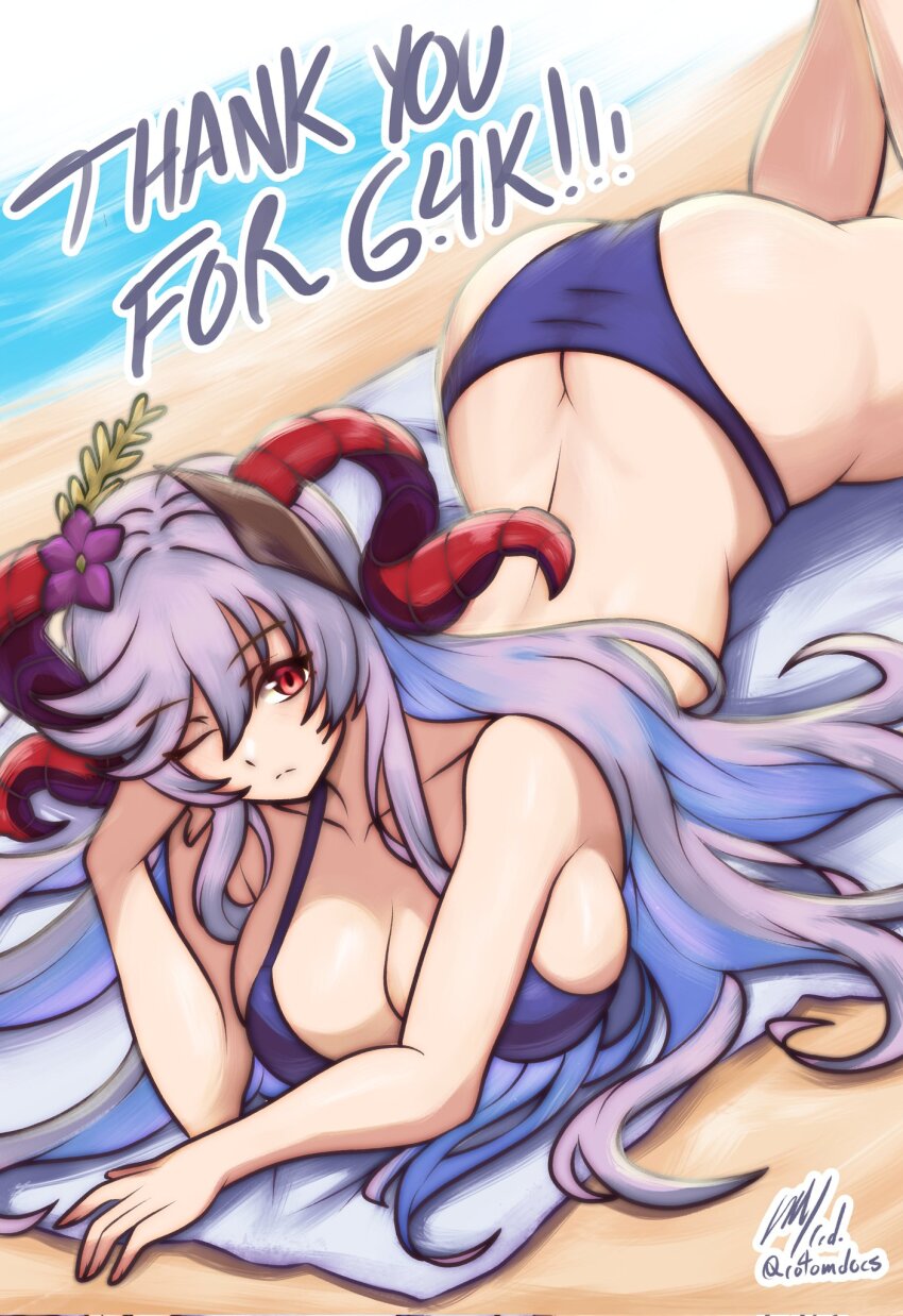 1girl ;( ass bare_shoulders beach_towel bikini breasts butt_crack cleavage closed_mouth collarbone commentary corrupted_twitter_file english_commentary fire_emblem fire_emblem_heroes freyja_(fire_emblem) freyja_(summer)_(fire_emblem) goat_horns grey_hair hair_between_eyes highres horns large_breasts light_frown long_hair looking_at_viewer lying milestone_celebration nintendo ocean official_alternate_costume on_stomach one_eye_closed purple_bikini red_eyes rotomdocs sand signature solo swimsuit thank_you towel twitter_username very_long_hair