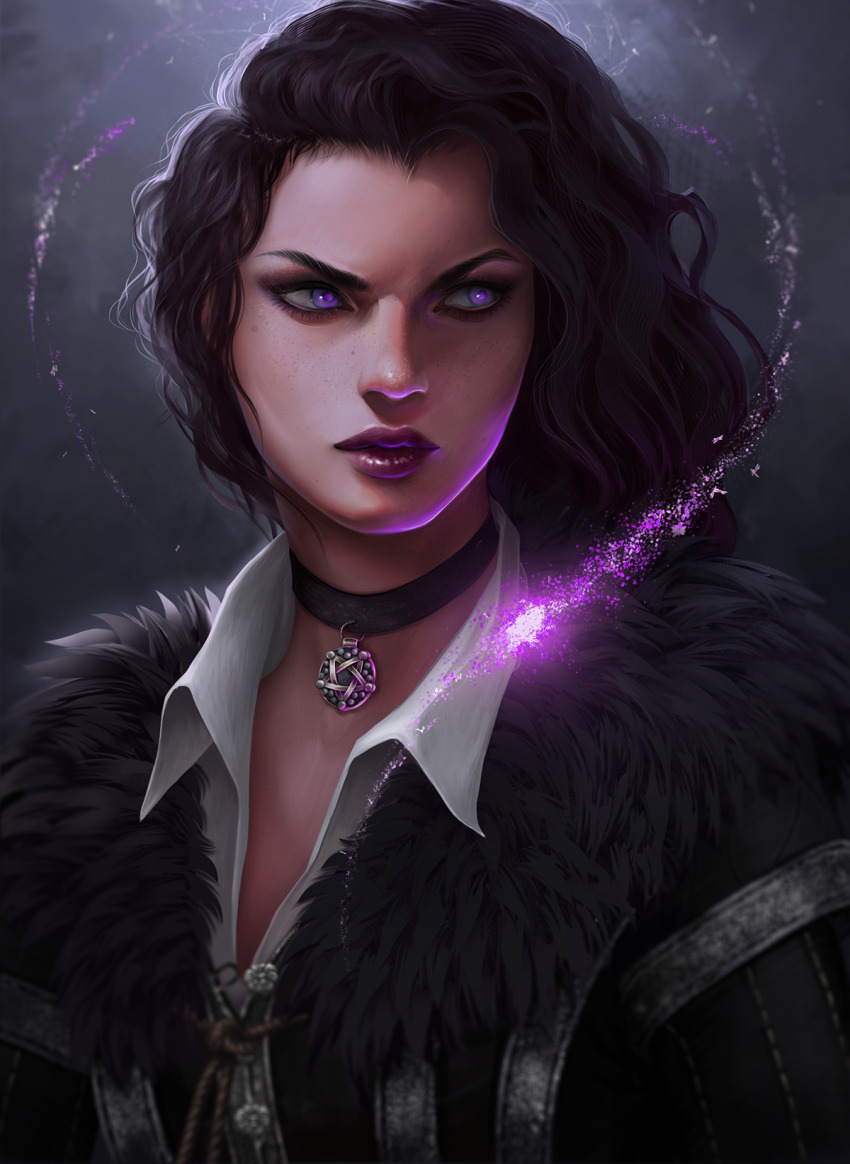 1girl black_choker black_hair choker collared_shirt energy fur_trim highres pentagram purple_eyes shirt shuricat the_witcher_(series) white_shirt yennefer_of_vengerberg