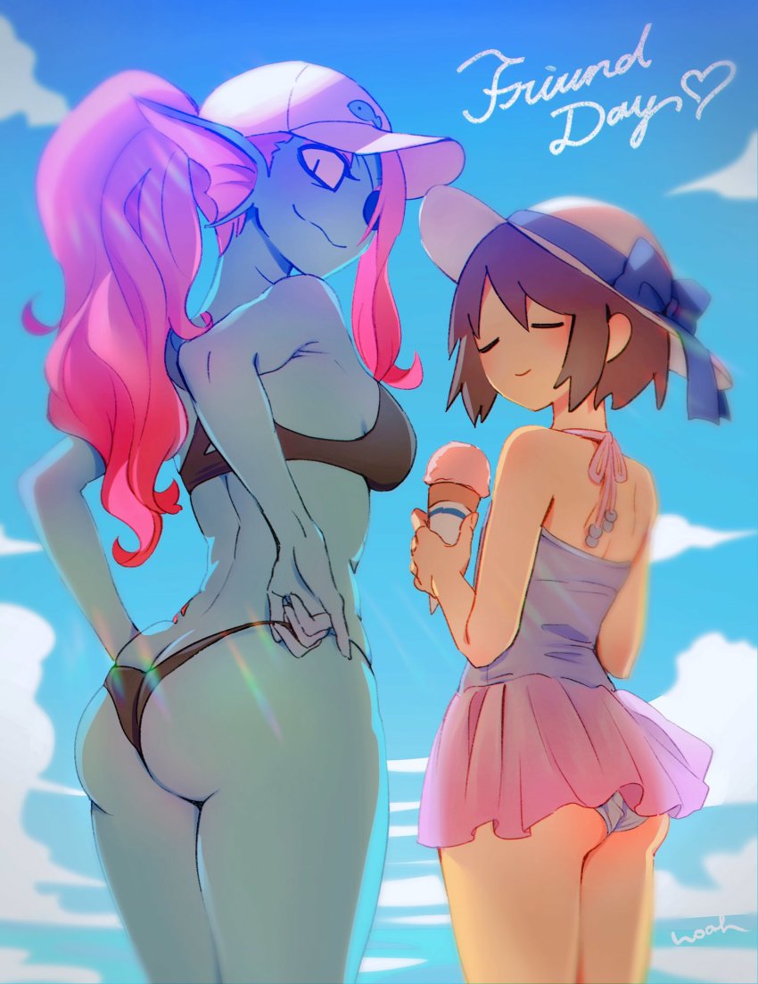 2girls artist_name ass bare_arms bare_shoulders bikini black_bikini blue_bow blue_skin bow breasts brown_hair closed_eyes colored_skin cowboy_shot day female_frisk_(undertale) fins food frisk_(undertale) from_behind from_side hat heart highres ice_cream ice_cream_cone long_hair looking_at_viewer looking_back medium_breasts multiple_girls noah_(tettsui-sole) outdoors panties pink_hair ponytail red_hair short_hair skindentation smile swimsuit undertale underwear undyne white_headwear white_panties