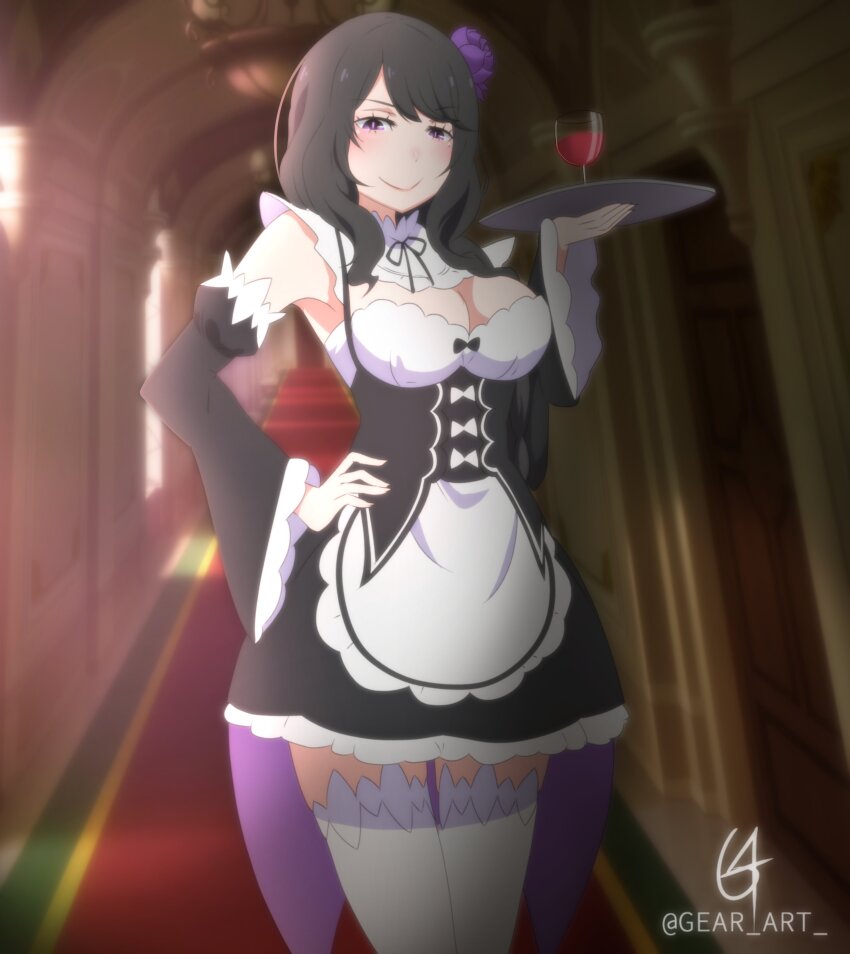 1girl absurdres alternate_costume black_hair braid breasts cedric_(gear_art) cleavage cup detached_sleeves dress drinking_glass elsa_granhilte flower hair_flower hair_ornament hand_on_own_hip highres indoors knees_up large_breasts long_hair looking_at_viewer maid mole mole_under_eye purple_eyes purple_flower purple_rose re:zero_kara_hajimeru_isekai_seikatsu rose smile solo thighhighs tray wine_glass