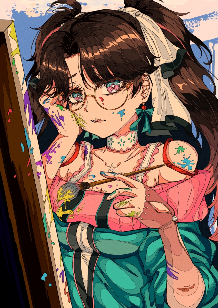 1girl absurdres adapted_costume aqua_eyes aqua_shirt artdroiiid_ii bare_shoulders breasts brown_hair canvas_(object) closed_mouth collarbone commentary earrings english_commentary glasses hair_ribbon hand_on_own_face highres holding holding_paintbrush jewelry long_hair looking_at_viewer multicolored_hair paint_stains paintbrush pink_eyes ribbon round_eyewear shirt small_breasts solo streaked_hair two-tone_eyes white_ribbon wuthering_waves yellow-framed_eyewear zhezhi_(wuthering_waves)