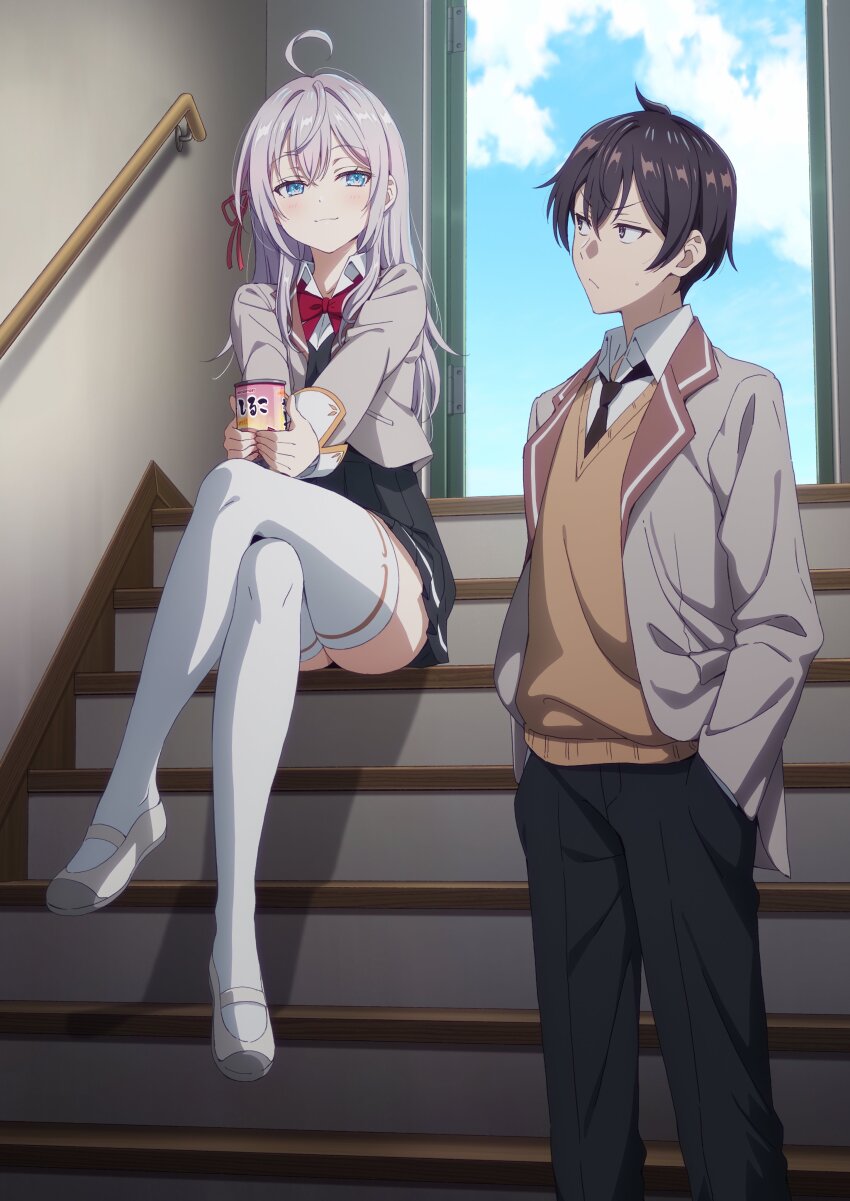 1boy 1girl absurdres ahoge alisa_mikhailovna_kujou black_skirt blue_eyes blue_sky bow bowtie brown_sweater closed_mouth collared_shirt commentary_request crossed_legs double-parted_bangs eye_contact full_body grey_hair grey_jacket hair_between_eyes hair_ribbon highres jacket key_visual kuze_masachika lapels long_hair looking_at_another looking_at_viewer murota_yuuhei notched_lapels official_art outdoors promotional_art red_bow red_bowtie red_ribbon ribbon school_uniform second-party_source seiren_academy_school_uniform shirt short_hair sitting sitting_on_stairs skirt sky small_sweatdrop smile stairs standing sweater thighhighs tokidoki_bosotto_roshia-go_de_dereru_tonari_no_alya-san v-shaped_eyebrows white_shirt white_thighhighs zettai_ryouiki