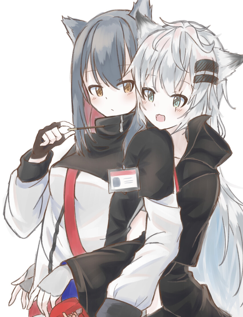 2girls :d absurdres animal_ears arknights black_capelet black_gloves black_hair black_jacket blush breasts brown_eyes capelet fangs fingerless_gloves food gloves grey_eyes grey_footwear grey_hair hair_ornament hairclip highres holding holding_food hug hug_from_behind jacket lappland_(arknights) long_hair long_sleeves multicolored_hair multiple_girls open_clothes open_jacket open_mouth pocky puffy_long_sleeves puffy_sleeves red_hair ryoku_sui scar scar_across_eye simple_background small_breasts smile texas_(arknights) two-tone_hair very_long_hair white_background white_jacket wide_sleeves