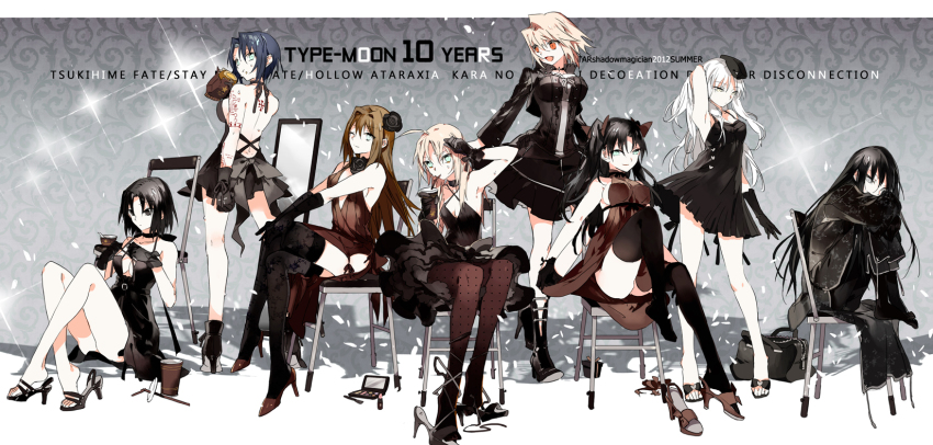 00s 1boy 6+girls :t ahoge alternate_costume ankle_boots anniversary aozaki_aoko arcueid_brunestud arm_up armpits artist_name artoria_pendragon_(all) artoria_pendragon_(fate) bag bare_back belt beret black_dress black_flower black_gloves black_hair black_legwear black_rose blonde_hair blue_eyes blue_hair boots bread breasts brown_eyes brown_hair caren_hortensia chair chinese_clothes choker ciel_(tsukihime) cleavage company_connection copyright_name criss-cross_halter crossed_legs cup decoration_disorder_disconnection disposable_cup dress drinking_straw eating english_text fate/hollow_ataraxia fate/stay_night fate_(series) flower folding_chair food full_body gift gloves green_eyes hair_flower hair_ornament hair_ribbon halterneck halterneck hand_on_own_knee hands_on_own_knees hat high_heel_boots high_heels highres kara_no_kyoukai karyou_kaie lipstick long_hair looking_at_viewer looking_back mahou_tsukai_no_yoru makeup medium_breasts mirror multiple_girls one_eye_closed open_mouth orange_eyes pantyhose patterned_legwear polka_dot polka_dot_legwear red_eyes ribbon ribbon_choker rose ryougi_shiki saber_(fate) sandals shoe_dangle shoes short_hair sideboob single_shoe sitting skirt small_breasts smile starshadowmagician tattoo text_focus thighhighs tohsaka_rin trap tsukihime twintails two_side_up type-moon white_hair wink yellow_eyes