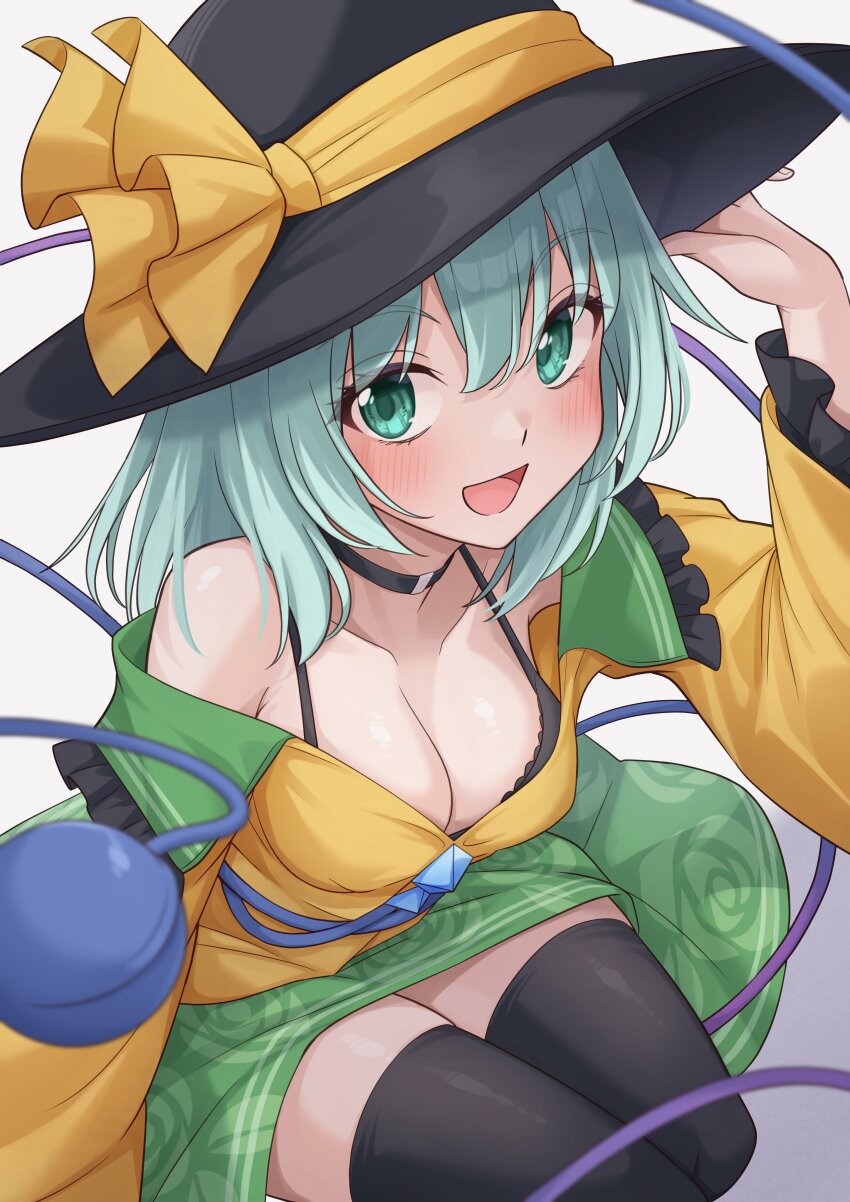 1girl :d absurdres bad_id bad_twitter_id bare_shoulders black_choker black_hat black_thighhighs blurry blush breasts buttons choker cleavage commission cowboy_shot depth_of_field diamond_button eyelashes floral_print_skirt frilled_shirt_collar frilled_sleeves frills green_eyes green_hair green_skirt hair_ribbon hand_on_headwear hand_up happy hat highres komeiji_koishi large_breasts long_sleeves looking_at_viewer medium_hair open_clothes open_mouth open_shirt petals print_skirt ramie_(ramie541) revision ribbon rose_petals sanpaku shirt simple_background sitting skeb_commission skirt smile solo sun_hat thighhighs third_eye touhou tsurime white_background wide_sleeves yellow_ribbon yellow_shirt zettai_ryouiki