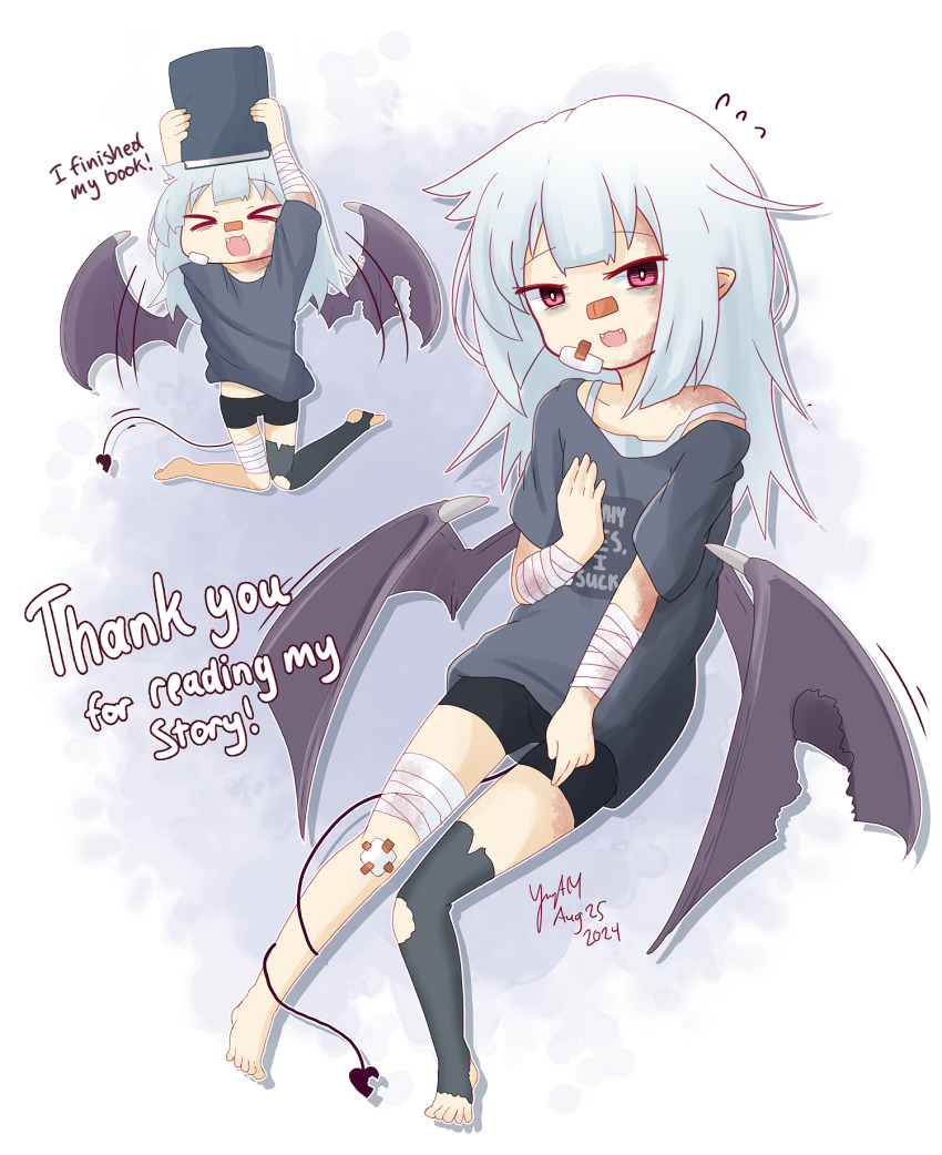 1girl bags_under_eyes bandages bat_wings broken_wing bruise bruise_on_face bruise_on_shoulder fangs highres injury messy_hair my_lonely_orphan_vampire_enya original oversized_clothes oversized_shirt shirt shorts single_sock socks tail vampire wings yogurtm