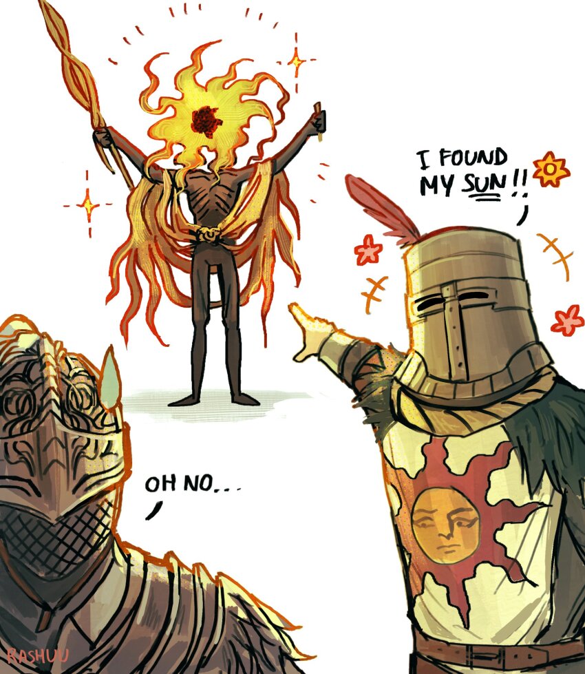 ! !! +++ ... 1other 2boys arms_up artist_name bloody_wolf_(elden_ring) commentary dark_souls_(series) dark_souls_i elden_ring elden_ring:_shadow_of_the_erdtree emaciated english_commentary english_text fire helm helmet highres holding holding_sword holding_weapon meme midra_lord_of_frenzied_flame multiple_boys pointing pointing_at_another rashuu shawl simple_background solaire_of_astora sparkle sword tarnished_(elden_ring) twitter_username two_soyjaks_pointing_(meme) weapon white_background yellow_shawl