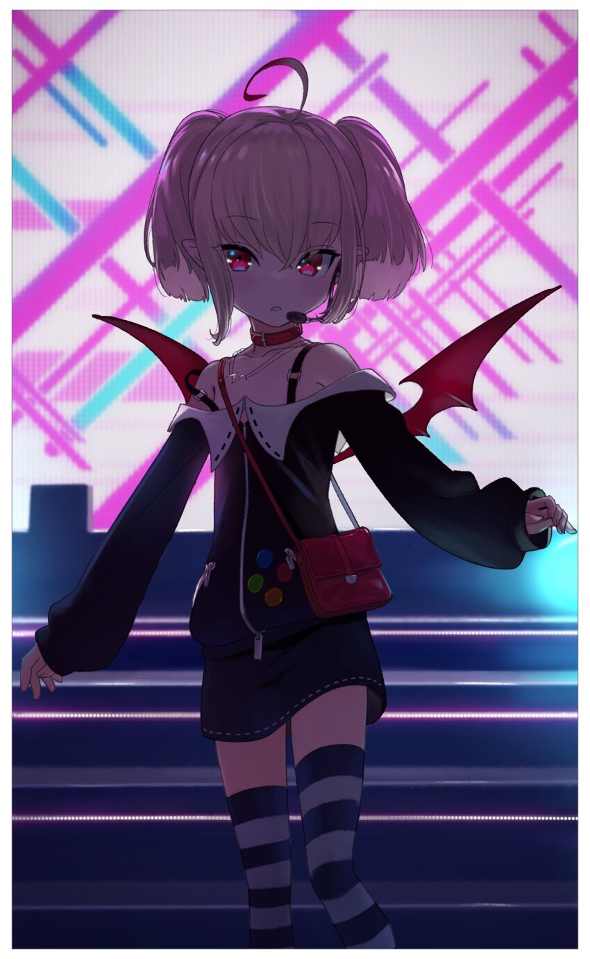 1girl ahoge bare_shoulders bat_necklace border collar dyed_ahoge flat_chest highres looking_at_viewer makaino_ririmu makaino_ririmu_(2nd_costume) microphone nijisanji off-shoulder_jacket off_shoulder red_collar red_eyes red_wings sabamen sleeves_past_wrists solo striped_clothes striped_thighhighs thighhighs virtual_youtuber white_border wings