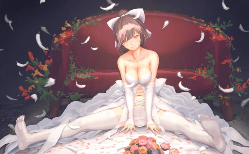 1girl alternate_costume azur_lane black_hair blush bouquet bow breasts brown_eyes cleavage closed_mouth collarbone couch detached_sleeves dress feathers female_focus flower hair_bow head_tilt highres large_breasts long_hair looking_at_viewer navel no_shoes on_floor pandarou panties ponytail revision see-through_clothes sitting smile solo spread_legs stomach strapless strapless_dress takao_(azur_lane) thighhighs underwear very_long_hair wedding_dress white_bow white_panties white_thighhighs