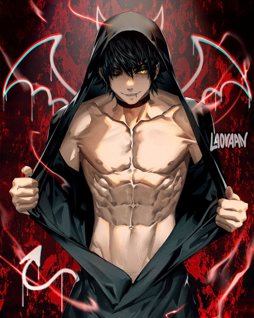 1boy abs black_background black_hair collarbone goth_fashion graffiti highres laovaan male_focus muscular muscular_male open_clothes original pectorals solo yellow_eyes