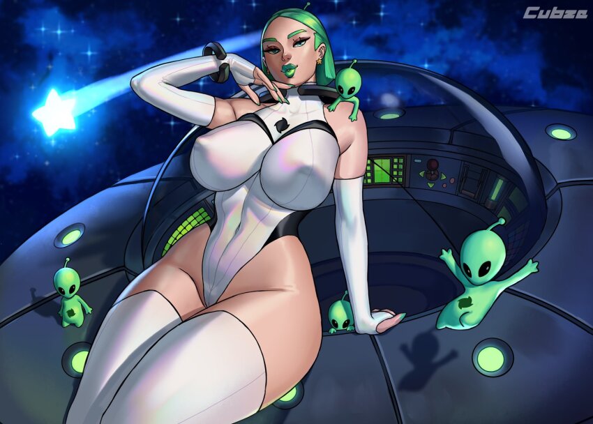 1girl alien artist_name breasts cameltoe covered_erect_nipples covered_navel elbow_gloves eyeshadow fingerless_gloves gloves green_hair green_lips highleg highleg_leotard huge_breasts leotard looking_at_viewer makeup original otto_cubze sitting skin_tight solo_focus space thighhighs ufo white_gloves white_leotard white_thighhighs