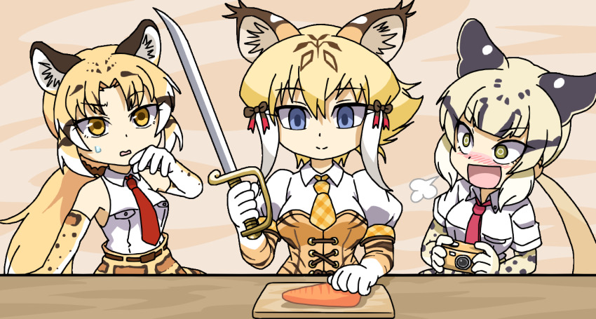 3girls animal_ear_fluff animal_ears arm_at_side bare_shoulders blonde_hair blush bow camera carrot chibi closed_mouth clouded_leopard_(kemono_friends) collared_shirt commentary_request corset cutting_board elbow_gloves empty_eyes excited extra_ears food gloves hair_between_eyes hair_bow hand_up holding holding_camera holding_sword holding_weapon kemono_friends long_hair looking_at_another looking_at_object low_ponytail medium_hair multicolored_hair multiple_girls necktie nervous nose_blush open_mouth plaid_clothes plaid_necktie puff_of_air puffy_short_sleeves puffy_sleeves raised_eyebrow ringed_eyes saber_(weapon) shirt short_sleeves sleeveless sleeveless_shirt smile smilodon_(kemono_friends) srd_(srdsrd01) sweatdrop sword upper_body vegetable very_long_hair weapon white_hair white_shirt wide-eyed wing_collar yellow_eyes