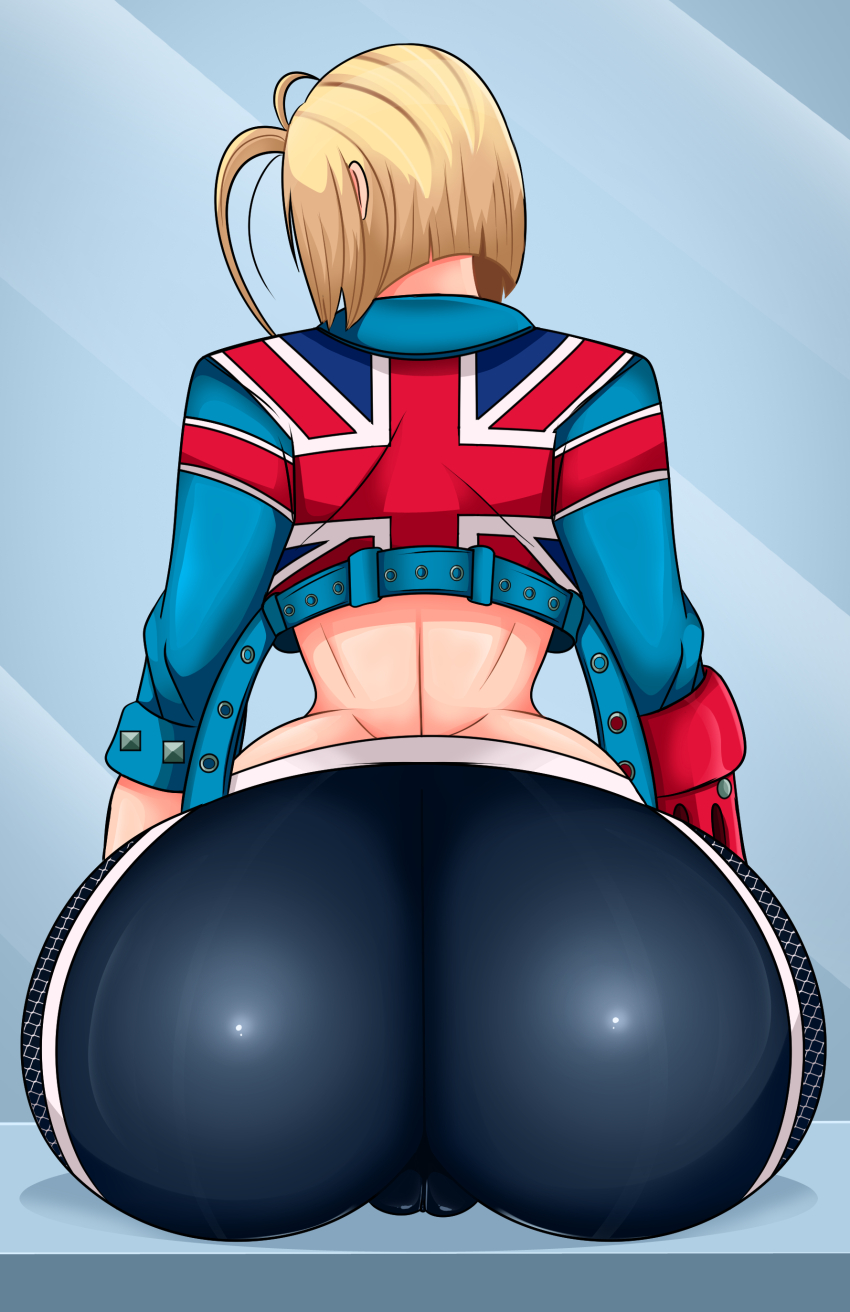 1girl absurdres ass ass_focus blonde_hair blue_jacket cameltoe cammy_white capcom cropped_jacket female_focus gloves highres huge_ass jacket pants short_hair sitting solo sonson-sensei street_fighter street_fighter_6 tight_clothes tight_pants wide_hips yoga_pants