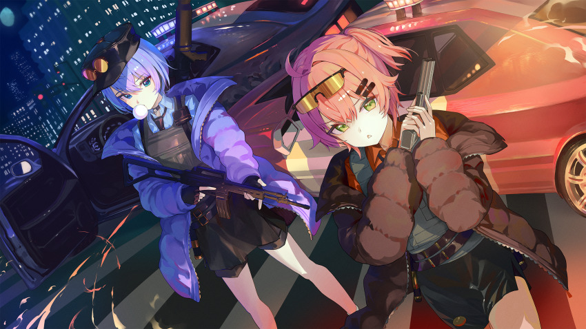 2girls ahoge alternate_costume assault_rifle atatatatame01 belt black_belt black_overskirt black_shorts blowing_bubbles blue_eyes blue_hair blue_jacket blue_shirt car chest_armor chewing_gum choker city crosswalk fingerless_gloves gloves green_eyes gun hair_ornament hairclip hat highres holding holding_gun holding_weapon hololive hoshimachi_suisei jacket motor_vehicle multiple_girls necktie night pencil_skirt pink_hair police police_car police_hat police_uniform red_shirt rifle sakura_miko shirt shorts skirt star_(symbol) star_in_eye sunglasses symbol_in_eye triangle_mouth trigger_discipline virtual_youtuber weapon