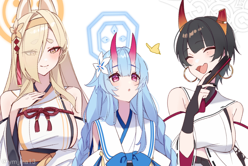 3girls akym animal_ears arm_under_breasts black_hair blonde_hair blue_archive blue_hair blush braid breasts chise_(blue_archive) closed_eyes detached_sleeves earrings fangs flower folded_fan folding_fan hair_between_eyes hair_flower hair_ornament hair_over_one_eye hairband halo hand_fan hand_on_own_chest highres holding holding_fan hoop_earrings horns japanese_clothes jewelry kaho_(blue_archive) large_breasts long_hair mole mole_under_eye mole_under_mouth multiple_girls niya_(blue_archive) oni_horns open_mouth parted_lips pink_hair short_hair simple_background skin_fangs tassel twin_braids twitter_username very_long_hair white_background white_flower wide_sleeves