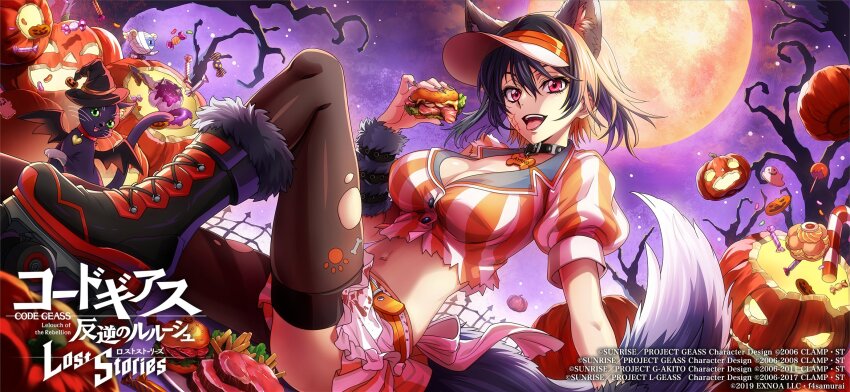 1girl black_hair breasts cleavage code_geass code_geass:_boukoku_no_akito code_geass:_lost_stories halloween highres kousaka_ayano large_breasts midriff navel official_art purple_eyes solo