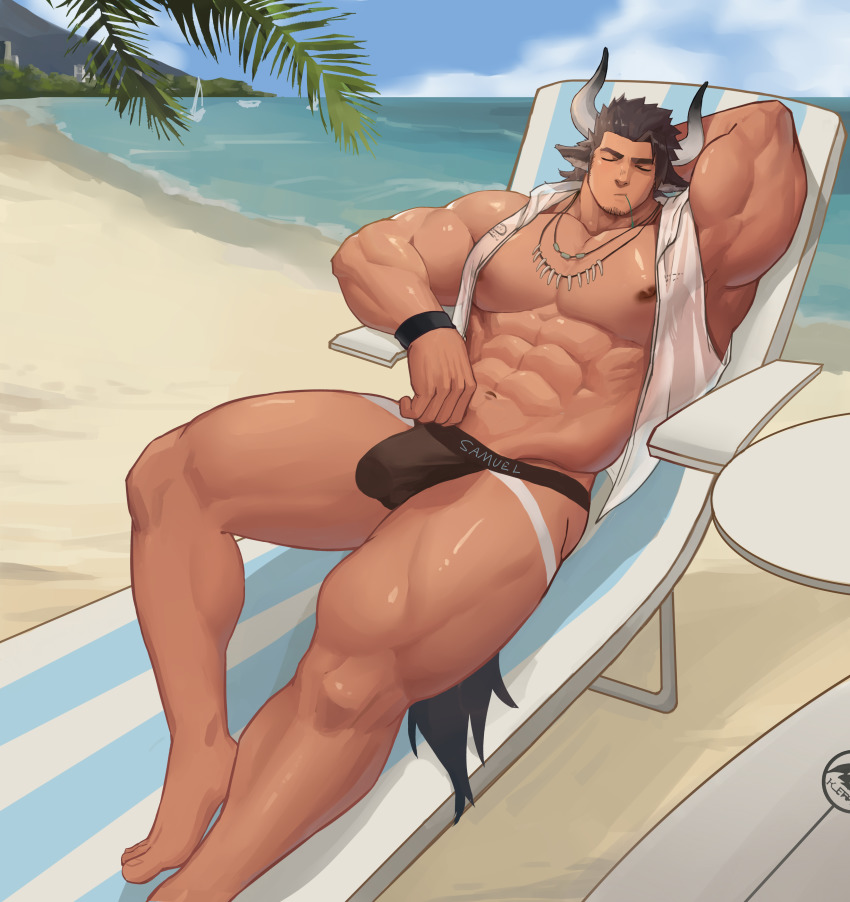 1boy abs absurdres animal_ears arknights bara bare_pectorals beach black_male_underwear brown_hair bulge clothes_writing cow_boy cow_ears cow_horns facial_hair highres horns jockstrap large_pectorals lying male_focus male_underwear male_underwear_writing matterhorn_(arknights) matterhorn_(beach_guard)_(arknights) medium_hair muscular muscular_male navel nipples official_alternate_costume on_back open_clothes open_shirt pectorals see-through_clothes shirt sleeveless sleeveless_shirt solo stomach stubble thick_thighs thighs underwear underwear_writing white_shirt xianyusamuel