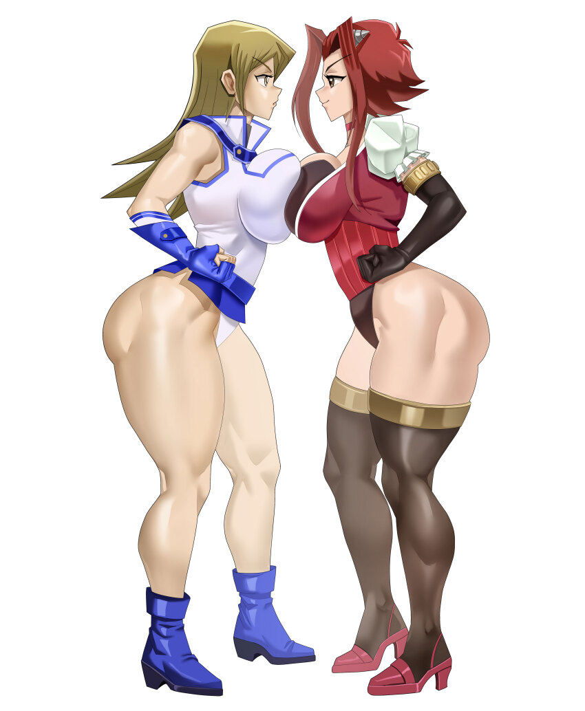 2girls ass blonde_hair breasts breasts_squeezed_together brown_eyes choker duel_academy_uniform_(yu-gi-oh!_gx) elbow_gloves gloves high_heels highres hunson19nsfw izayoi_aki large_breasts long_hair medium_hair multiple_girls muscular muscular_female red_hair simple_background tenjouin_asuka thick_thighs thighhighs thighs white_background yu-gi-oh! yu-gi-oh!_5d&#039;s yu-gi-oh!_gx