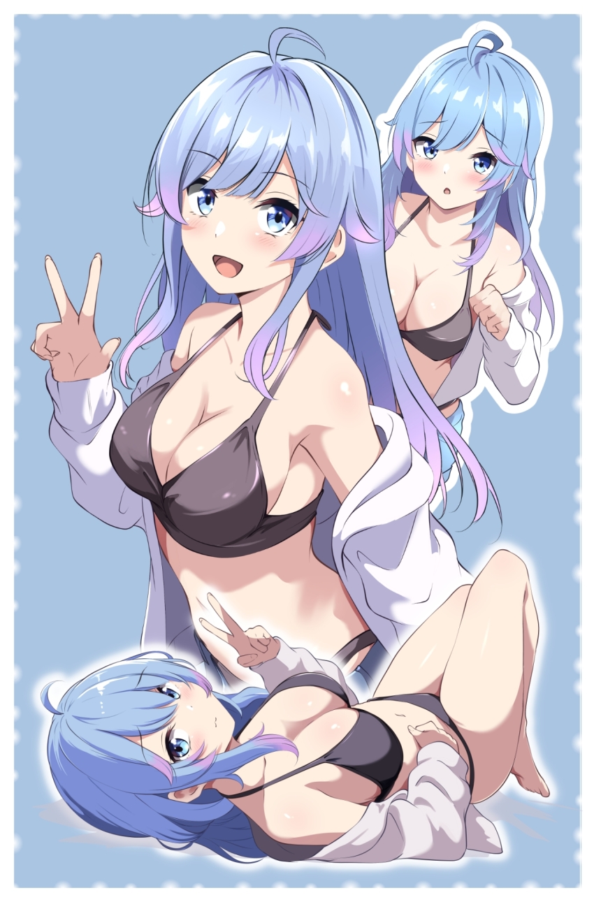 1girl :d :o ahoge barefoot bikini black_bikini blue_background blue_eyes blue_hair blush border borgbutler breasts cleavage collarbone gradient_hair hand_up highres indie_virtual_youtuber jacket large_breasts long_sleeves looking_at_viewer lying multicolored_hair multiple_views on_back open_clothes open_jacket open_mouth parted_lips pink_hair second-party_source setsuna_meguri simple_background smile swimsuit tongue v virtual_youtuber white_border white_jacket