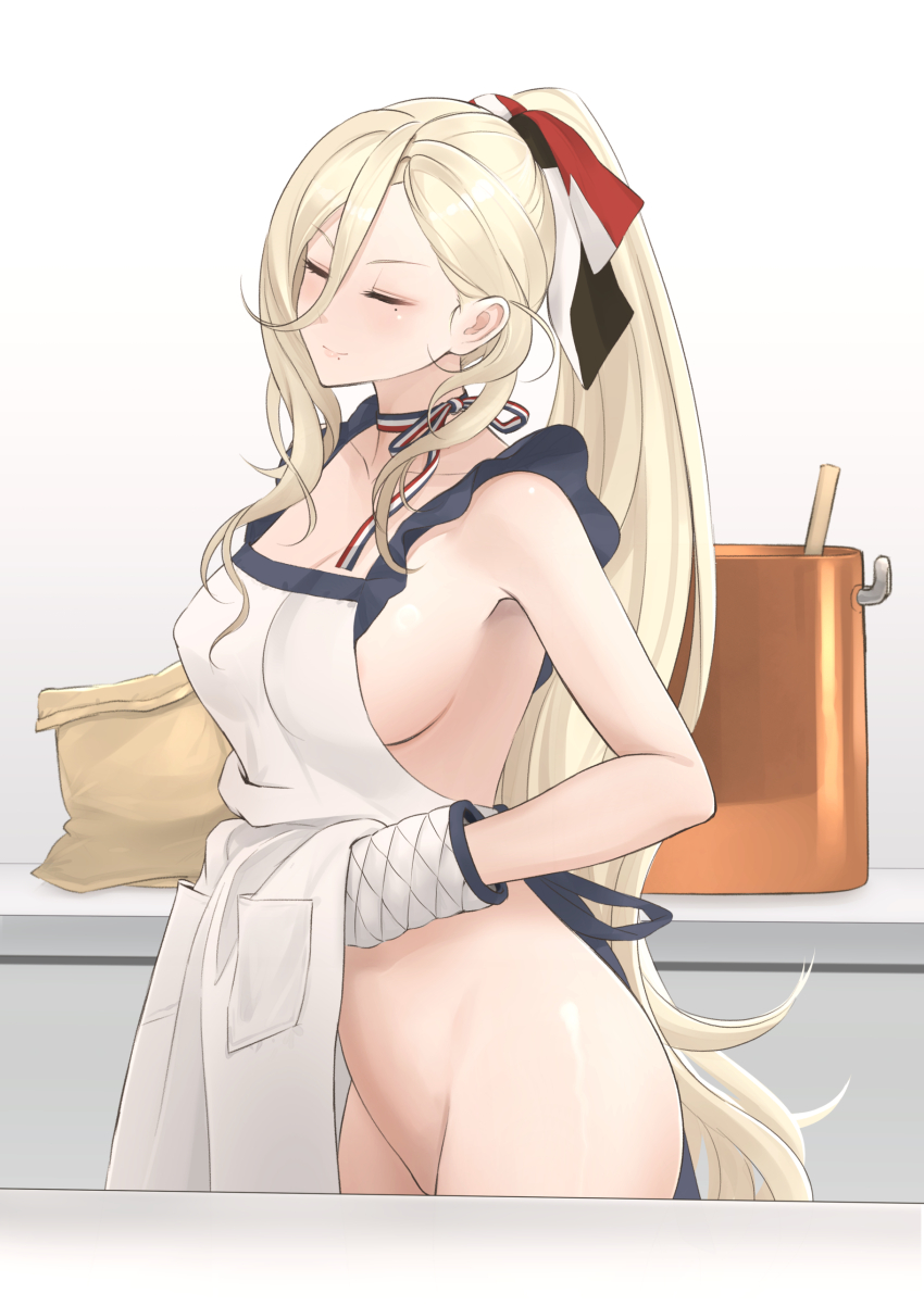 1girl absurdres alternate_costume apron blonde_hair breasts closed_eyes hair_between_eyes highres kantai_collection kitchen large_breasts long_hair mole mole_under_eye mole_under_mouth naked_apron odachu oven_mitts ponytail richelieu_(kancolle) richelieu_deux_(kancolle) sideboob smile solo standing very_long_hair white_apron