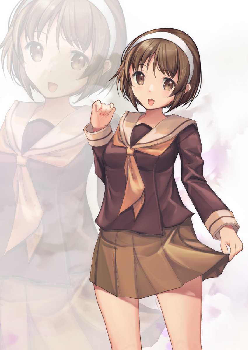 1girl absurdres brooklyn brown_hair brown_sailor_collar brown_shirt brown_skirt cosplay cowboy_shot hairband highres kantai_collection mikuma_(kancolle) mikuma_(kancolle)_(cosplay) mikuma_kai_ni_(kancolle) mikuma_kai_ni_(kancolle)_(cosplay) natori_(kancolle) neckerchief orange_neckerchief pleated_skirt sailor_collar sailor_shirt school_uniform serafuku shirt short_hair skirt skirt_hold solo white_hairband yashin_(yasinz) zoom_layer